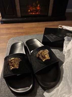 Versace Black Slides with Gold Medusa Emblem